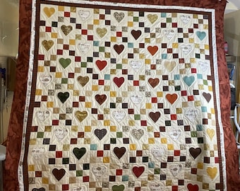 Homemade Queen Size Heart and Nine Patch in Earth Tones