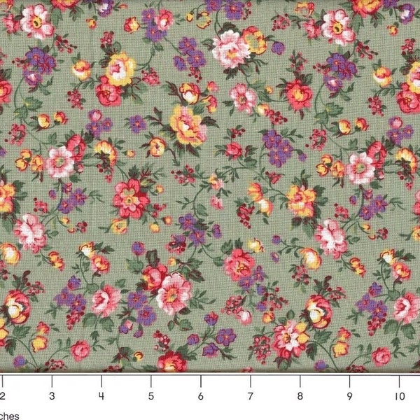 Multi Colored Country Florals With Green Background Quilting Cotton Vintage Look Calico
