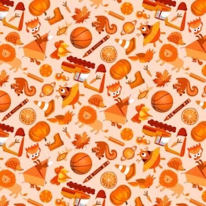 May include: A seamless pattern featuring orange, brown, and white illustrations of various objects, including a lion, a squirrel, a mushroom, a basketball, a cone, a fish, a crayon, an orange slice, a leaf, and a boot. The background is a light peach color.