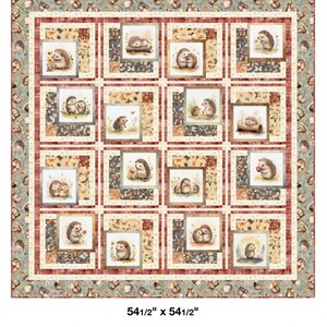 May include: A patchwork quilt titled "Framed Cuties" featuring framed squares with hedgehog illustrations. The quilt measures 54.5 inches by 54.5 inches and has a decorative border with a repeating pattern of small images.