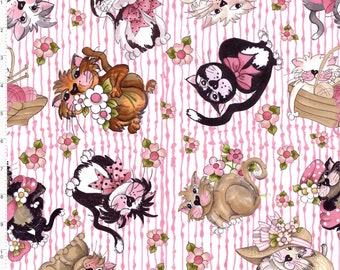 Tossed Fancy Cats on Pink and White Stripes by Loralie Harris for Loralie Designs Fabric cotton fabric