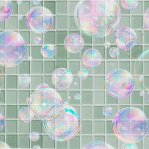 May include: A seamless pattern of iridescent bubbles in various sizes floats against a backdrop of small, square, light green tiles. The bubbles reflect a spectrum of colors, creating a playful and whimsical design.