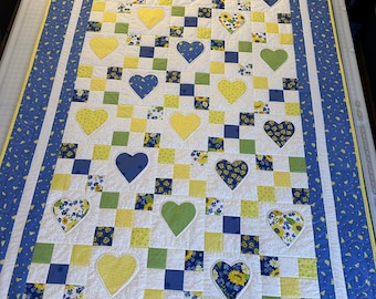 Heart and nine patch quilt Throw Size Completed Lap Quilt Blue and Yellow Riley Blake Sunny Skies Fabric Collection  Ready to ship