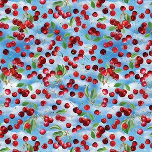 May include: A seamless pattern of red cherries with green leaves against a blue sky with white clouds.