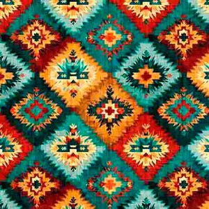 May include: A textile fabric featuring a repeating diamond pattern in vibrant shades of teal, orange, red, and yellow. The design consists of intricate geometric shapes and jagged edges arranged in a symmetrical grid across the entire surface.
