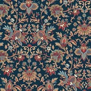 May include: A detailed floral pattern in shades of teal, rust, and gold. The design features stylized flowers and foliage on a dark teal background. The intricate pattern is symmetrical and ornate, reminiscent of vintage textiles.