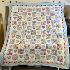 Heart and Nine Patch Queen Size Quilt Made With Watercolor Beauty Fabric By In The Beginning Fabrics Multicolor Floral