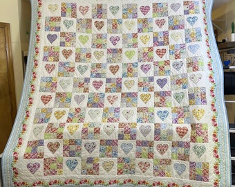 Heart and Nine Patch Queen Size Quilt Made With Watercolor Beauty Fabric By In The Beginning Fabrics Multicolor Floral