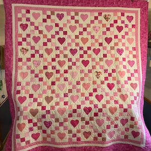 Homemade Queen Size Pink Heart and Nine Patch Custom Quilt