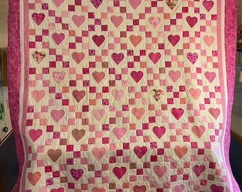 Homemade Queen Size Pink Heart and Nine Patch Custom Quilt