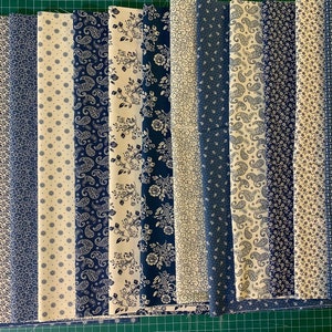 Blue And Cream Cotton Fabric by the Yard, Fat Quarter Bundle Premium Quilting Cotton Fabric Continuous Cut