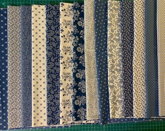 Blue And Cream Cotton Fabric by the Yard, Fat Quarter Bundle Premium Quilting Cotton Fabric Continuous Cut