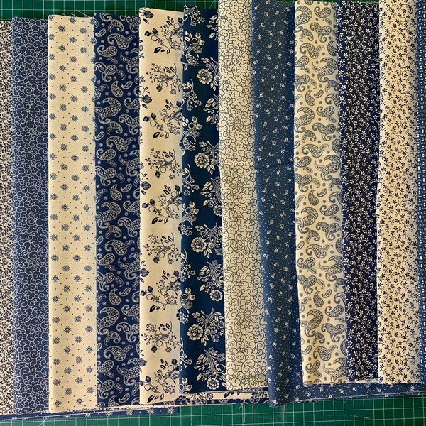 Blue And Cream Cotton Fabric by the Yard, Fat Quarter Bundle Premium Quilting Cotton Fabric Continuous Cut