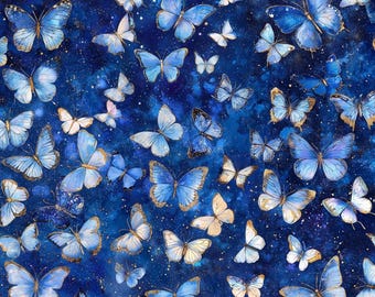 Blue Butterflies in Beautiful Blue and Cream Premium Cotton Fabrics continuous cut Butterfly Fabric