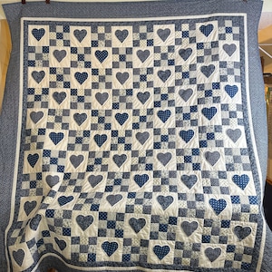 Blue and Cream Heart and Nine Patch Queen Size Quilt