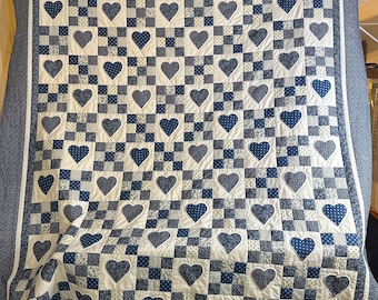 Blue and Cream Heart and Nine Patch Queen Size Quilt