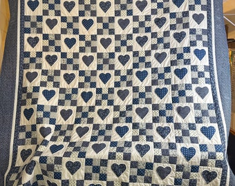 Blue and Cream Heart and Nine Patch Queen Size Quilt