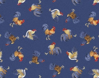 Blue Roosters Toss Morning Serenade by Susan Winget Collection, by Wilmington Prints Fabrics Premium Cotton Fabrics continuously cut