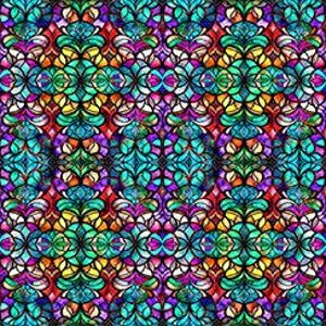May include: A vibrant, repeating pattern featuring a kaleidoscope of colors. The design showcases a symmetrical arrangement of floral and geometric shapes in shades of red, blue, green, yellow, and purple, creating a stained-glass effect.