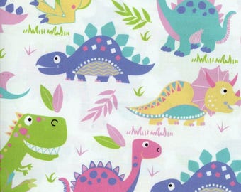 Dinosaurs on White Premium Quilting Cotton Fabric Dinosaur Children’s Fabric Continuously Cut