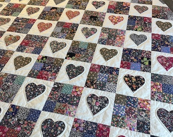 Black Floral Heart and Nine Patch Handmade Quilt. Quilt for sale.  Homemade quilt. Beautiful quilt