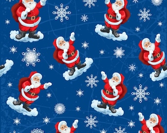 Santa Clause on Clouds With Blue Background and White Snowflakes Cotton Fabric