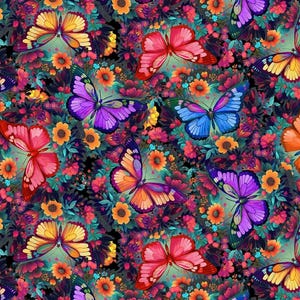 Turquoise Butterflies 8 Inch repeat By Blank Quilting Collection Premium Cotton Fabrics Luminous Haven Multicolor Butterflies and Flowers