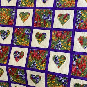 Wildflower Heart with Purple Accent Handmade Homemade Custom King Size Quilt