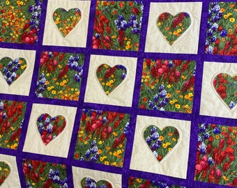 Wildflower Heart with Purple Accent Handmade Homemade Custom King Size Quilt