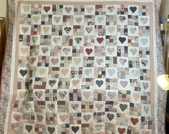Homemade Queen Size Pink Shabby Chic Heart and Nine Patch Custom Quilt