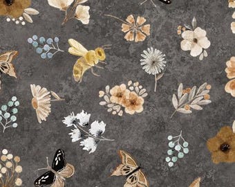 Flower and Insect Toss on Dark Gray, From the  Bear Hug Collection by QT Fabrics Premium Quilting Cotton Fabric Continuously Cut