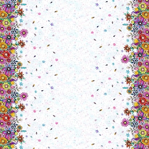 May include: A vibrant floral pattern on a white background. The design features colorful flowers in shades of pink, yellow, orange, and blue, with green leaves and stems. The edges have a blue and white decorative border. Small flowers and leaves are scattered across the white space.