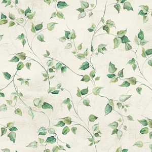 May include: A wallpaper pattern featuring a cream-colored background with a textured, plaster-like appearance. The design consists of delicate, winding green vines with various shades of green leaves scattered across the surface in a repeating motif.