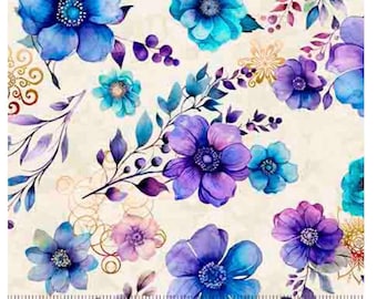 Floral Toss in Purple and Blue on Cream by QT Fabrics Quality Cotton Fabric by the Yard Continuously Cut Beautiful Flowers
