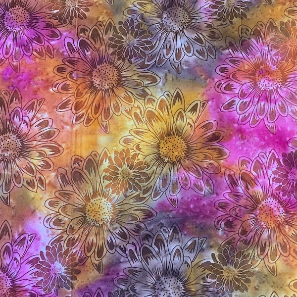 Batik Sunflower Fabric Orange, Pink and Purple. Fabric by the Yard Premium Cotton continuous cut