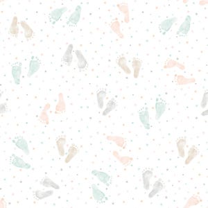 May include: A repeating pattern of baby footprints in soft pastel colors, including peach, gray, and mint green, scattered across a white background. Tiny stars in coordinating colors fill the spaces between the footprints, creating a gentle, whimsical design.