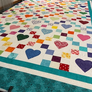 Homemade Queen Size Heart and Nine Patch Custom Quilt