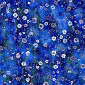 May include: A vibrant, digitally rendered floral pattern featuring a deep blue background with scattered white, light blue, and purple flowers. The design evokes a meadow of wildflowers, with delicate details and varying shades.