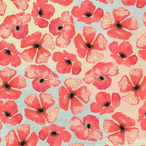 May include: A repeating pattern of red poppy flowers with black centers and white patterned details. The flowers are set against a light blue and yellow background with faint script. The overall design has a vintage, artistic feel.