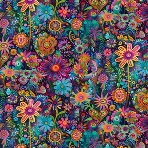 May include: A vibrant fabric pattern featuring a dense, colorful illustration of stylized flowers and foliage. The design includes various blossoms in shades of magenta, orange, teal, and yellow set against a deep, dark blue background.