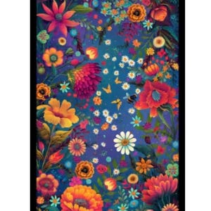 Luminous Flowers and Bugs 45" x 24” Panel by Blank Fabric from the Luminous Haven Collection on Blue Premium Quilting Cotton Fabric