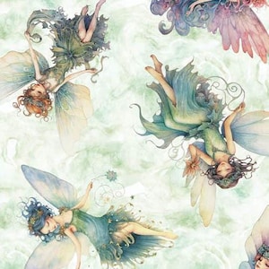 Enchanted Fairy Toss on Sage Picture Patches Panel by QT Fabric Cotton Fairies Quality Cotton