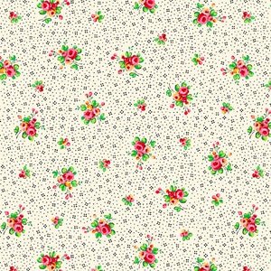 May include: A seamless pattern featuring small pink and yellow floral bouquets on a white background with a black polka dot pattern.