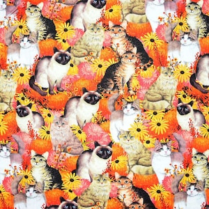 Cats in Flowers Cotton Fabric