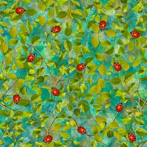 May include: A vibrant pattern featuring red ladybugs scattered among green leaves and branches. The leaves have a yellow-green hue, set against a teal and turquoise background. The ladybugs have black spots and are a focal point of the design.