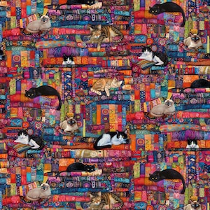May include: A fabric pattern featuring a repeating design of various cats resting on stacks of colorful, intricately patterned textiles. The cats appear in diverse colors including black, white, brown, and cream, set against a vibrant patchwork background.