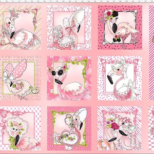 Flams Panel on Pink, Pink Flamingo Cotton Fabric Panel by Loralie Harris for Loralie Designs Fabric cotton fabric