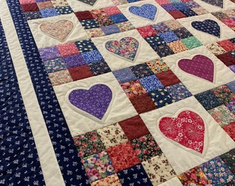 Extra Long Twin Size Custom Heart and Nine Patch Quilt