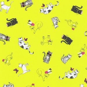 Bright Yellow Sunshine Cats Cotton Fabric by Robert Kaufman Fabric by the Yard for Sale Premium Quilting Cotton Fabric Continuous Cut