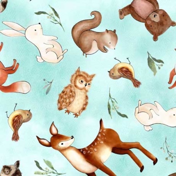 Woodland Animals Tossed Animals by QT Fabrics on White Quilting Cotton Fabric Baby Milestone